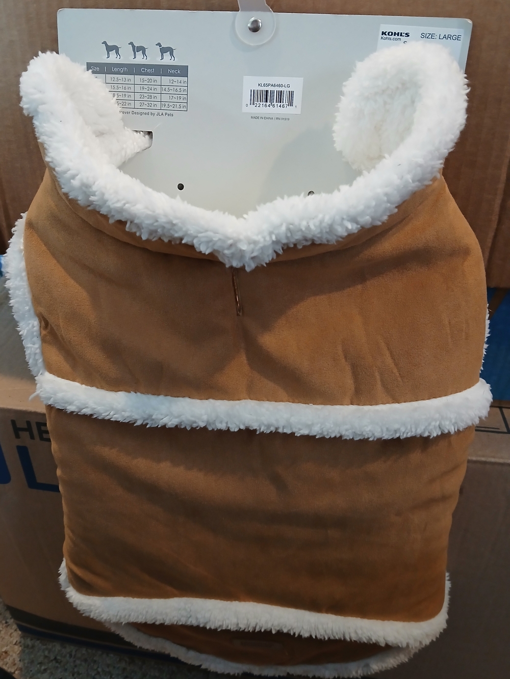 Friends Forever Faux Suede Dog Coat with Sherpa Trim - Tan & White Large